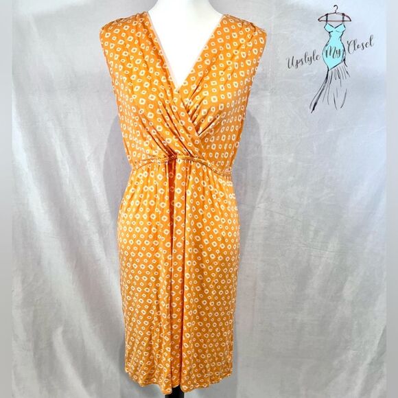 Bright orange and white geometric print faux wrap dress size large - Picture 1 of 5